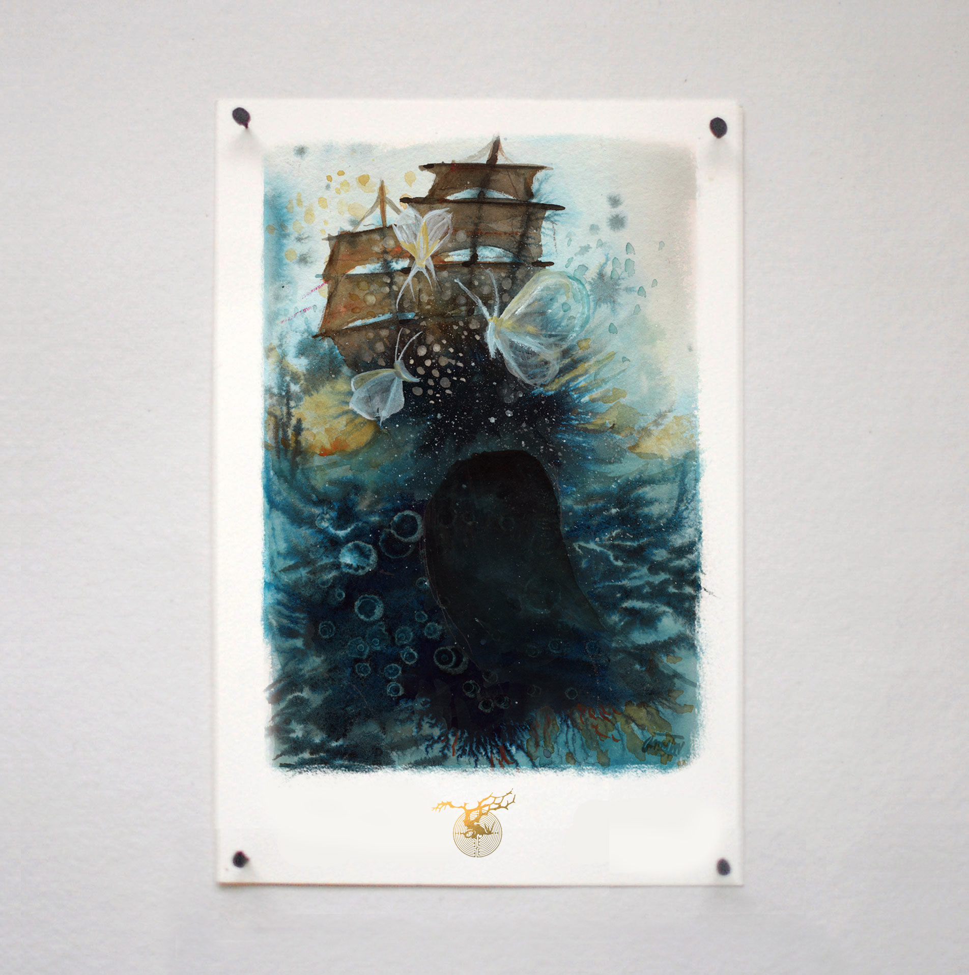 Moby Dick, Moth, Tall Ship Whale Watercolor Painting
