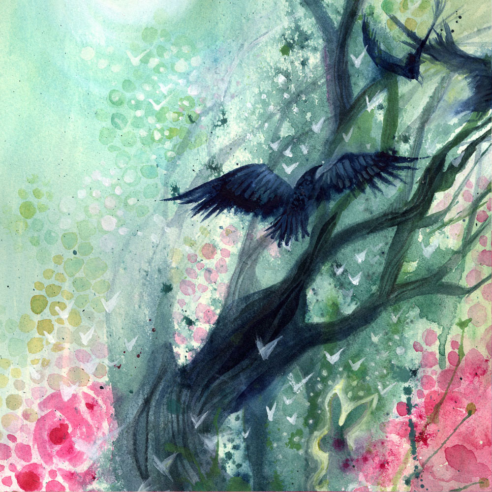 Labyrinth Watercolor Painting with Ravens
